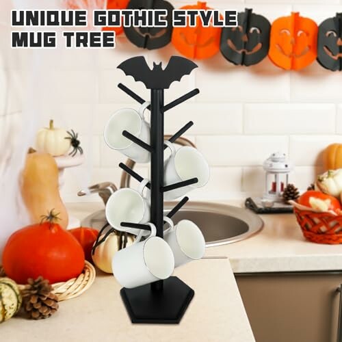 Gothic style mug tree with mugs and Halloween decor