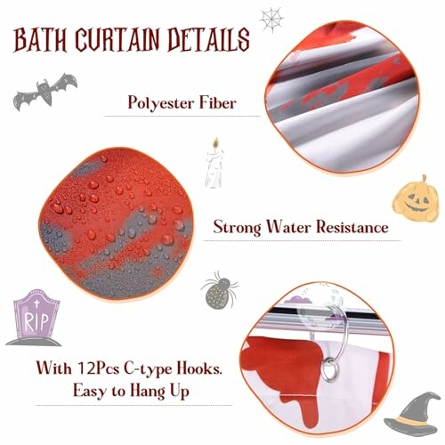 Halloween-themed bath curtain with polyester fiber and strong water resistance.