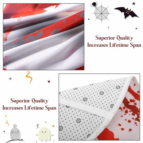 Halloween-themed tablecloth with bloodstain pattern and decorative elements.