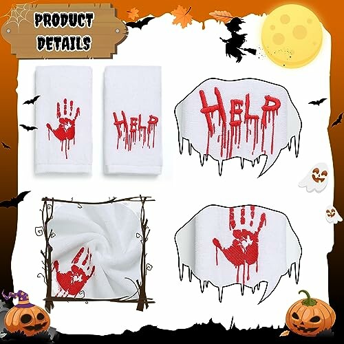 Halloween towels with bloody handprint and 'Help' text design