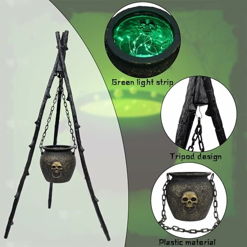 Halloween cauldron with green light and tripod stand.