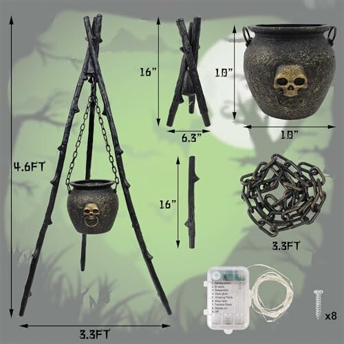 Halloween cauldron prop set with tripod stand, skull design, chain, and lights.