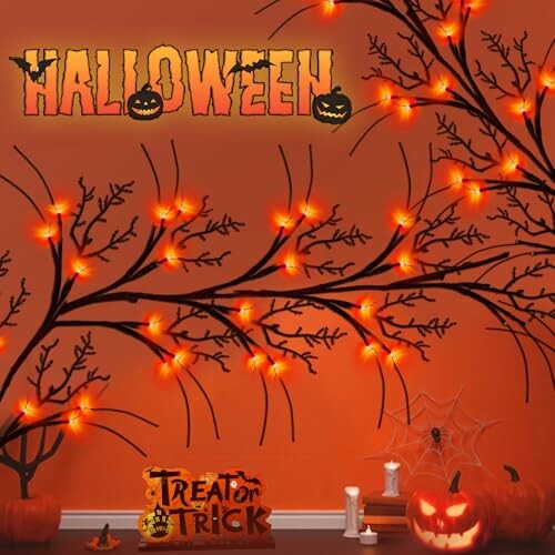 Halloween decor with orange lights and pumpkins