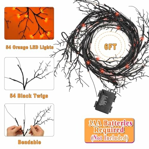 6FT orange LED lights with black twigs, requires 3AA batteries.