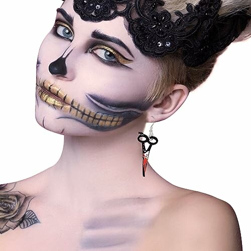 Person with skeleton face makeup and lace headpiece.