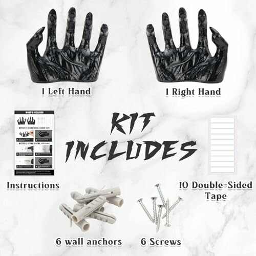 Contents of hand sculpture kit including left and right hands, instructions, wall anchors, screws, and double-sided tape.