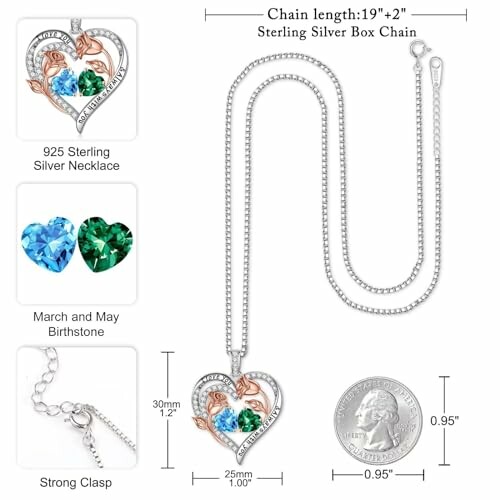 Heart-shaped birthstone necklace with chain and clasp.