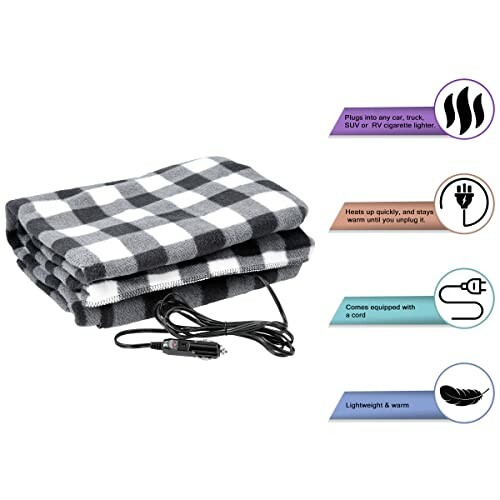 Black and white checkered heated car blanket with cord and plug icons.