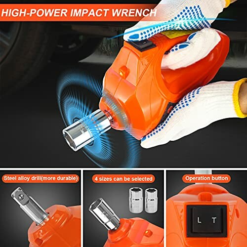 High-power impact wrench with steel alloy drill and operation button.