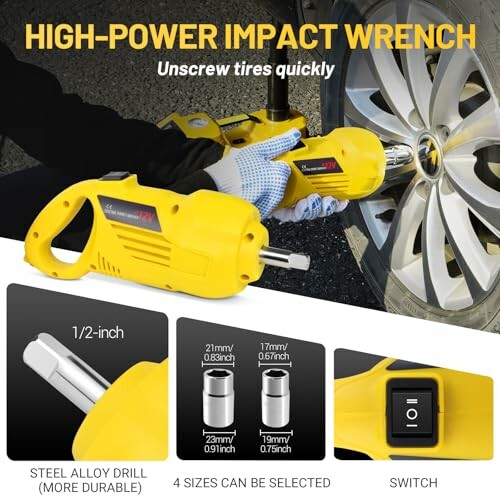 High-power impact wrench with steel alloy drill and switch, used for unscrewing tires.