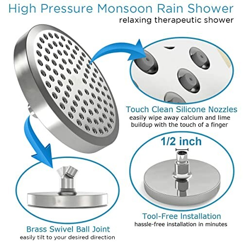 High pressure monsoon rain shower head with tool-free installation, silicone nozzles, and brass swivel ball joint.