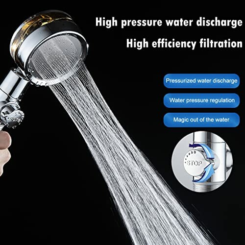 Hand holding high pressure shower head with water discharge and filtration features.