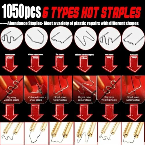 Image showing 6 types of hot staples for plastic repairs.