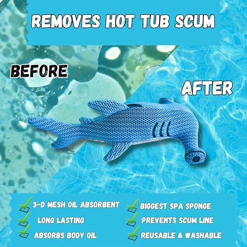Before and after image showing a shark-shaped sponge removing hot tub scum.