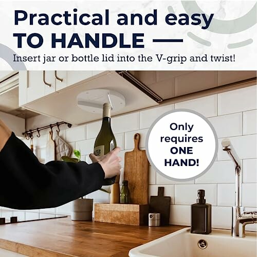 Person using an under-cabinet jar opener in kitchen.