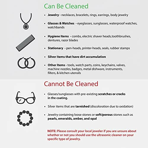 Jewelry cleaning guide with items categorized as cleanable and non-cleanable.