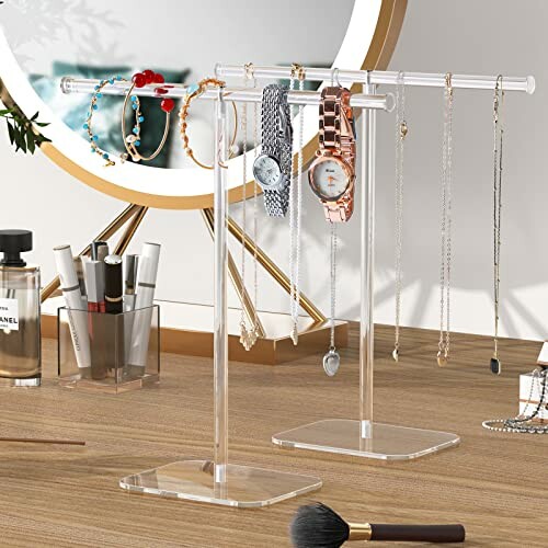Jewelry display stand with bracelets, watches, and necklaces.