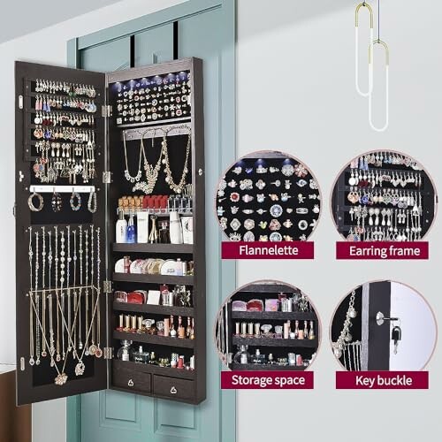 Wall-mounted jewelry organizer with earrings, necklaces, and storage.
