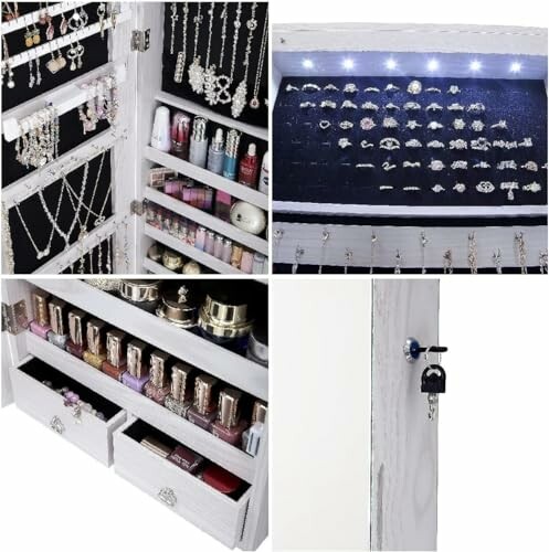 Jewelry organizer cabinet with necklaces, rings, earrings, nail polish, and lockable door.
