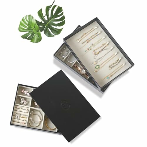 Jewelry storage boxes with assorted jewelry and green leaves.