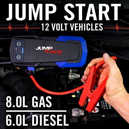 Jump starter for 12 volt vehicles with 8.0L gas and 6.0L diesel capacity.