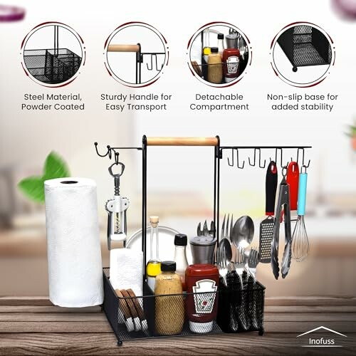 Kitchen counter organizer with utensils and condiments.