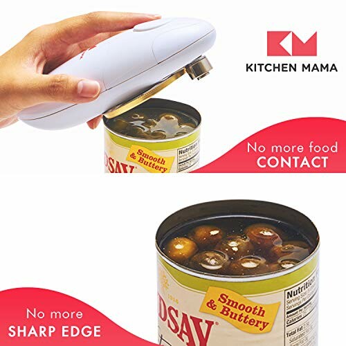 Kitchen Mama electric can opener opening a can with smooth edges.