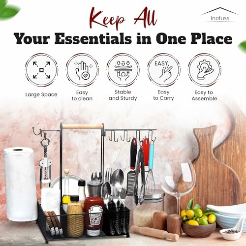 Kitchen organizer with various utensils, cutting boards, and spices neatly arranged.