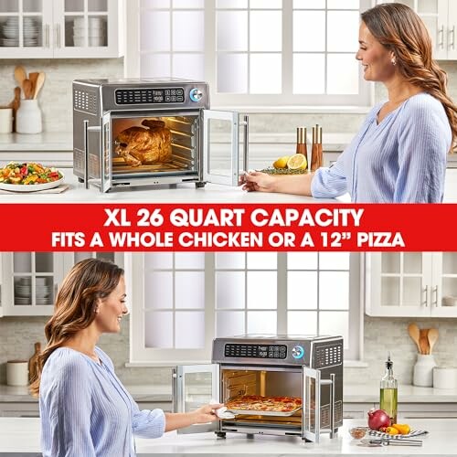 Woman using oven with chicken and pizza inside, XL 26 quart capacity.