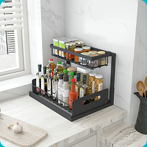 Spice rack with various bottles and jars on a kitchen countertop.