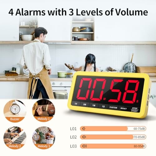 Digital kitchen timer with 4 alarms and volume levels, featuring a couple cooking.