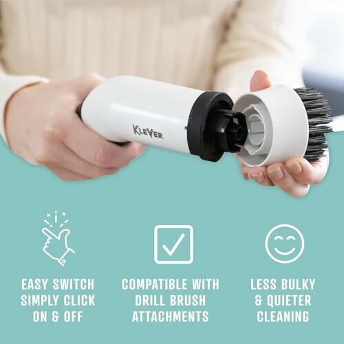 Person holding Klever drill brush attachment for easy cleaning.