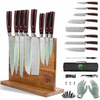 Comprehensive knife set with a wooden block, various knives, sharpening rod, gloves, and accessories.