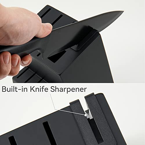 Hand holding a knife being sharpened with a built-in sharpener on a knife block.