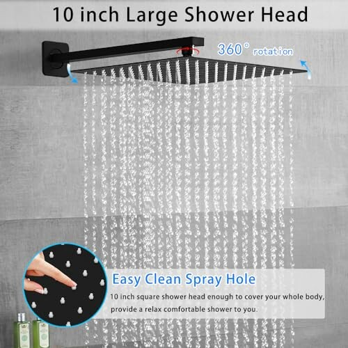 10 inch large shower head with 360-degree rotation and easy clean spray holes.