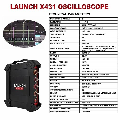 Launch X431 Oscilloscope with technical parameters and image of device.