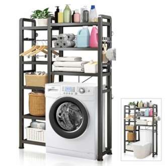 Laundry room storage shelf with washing machine and organized supplies.