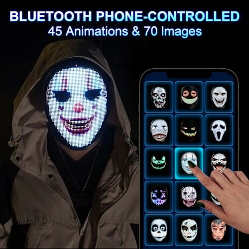 Person wearing LED mask with phone control app displaying mask designs.