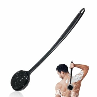 Long handle back scrubber with a man using it for showering.