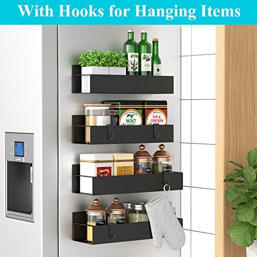 Magnetic kitchen storage shelves with hooks holding jars and bottles.