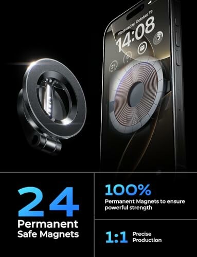 Smartphone with magnetic accessory and display of 24 permanent magnets.