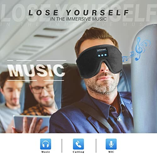 Man on airplane wearing a sleep mask with headphones, with music notes around.