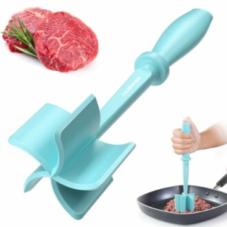 Blue meat chopper tool with raw beef and pan