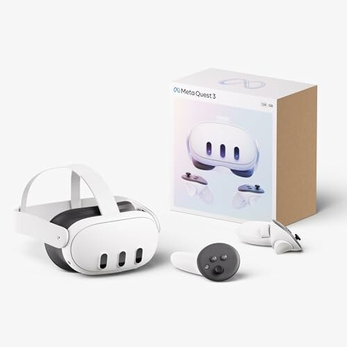 Meta Quest 3 VR headset with packaging and controllers