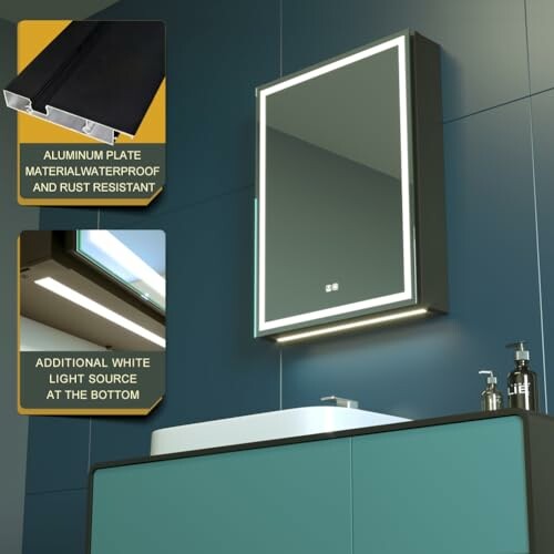 Modern bathroom with illuminated vanity mirror and sink.