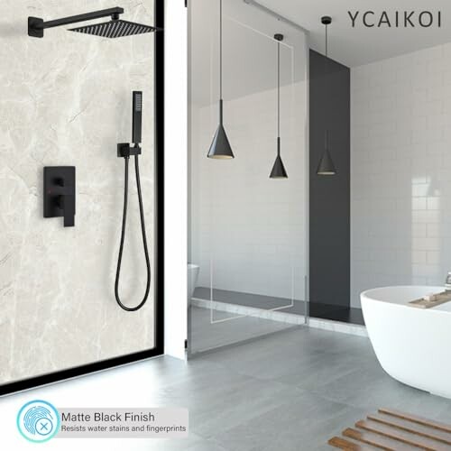 Modern bathroom with matte black shower fixtures and freestanding tub.