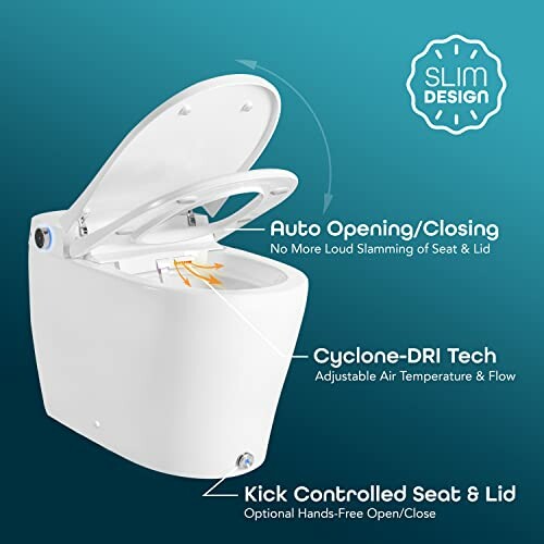 Modern toilet with auto opening, Cyclone-DRI tech, and kick control.