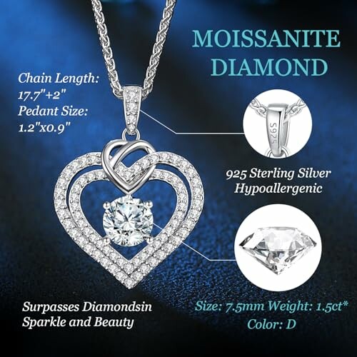 Moissanite diamond heart pendant necklace with chain details.