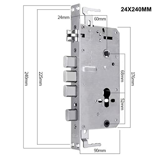Diagram of a mortise lock mechanism with measurements.