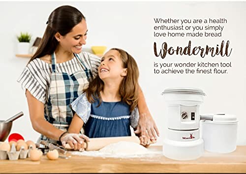 Mother and daughter baking in kitchen with Wondermill grain mill.